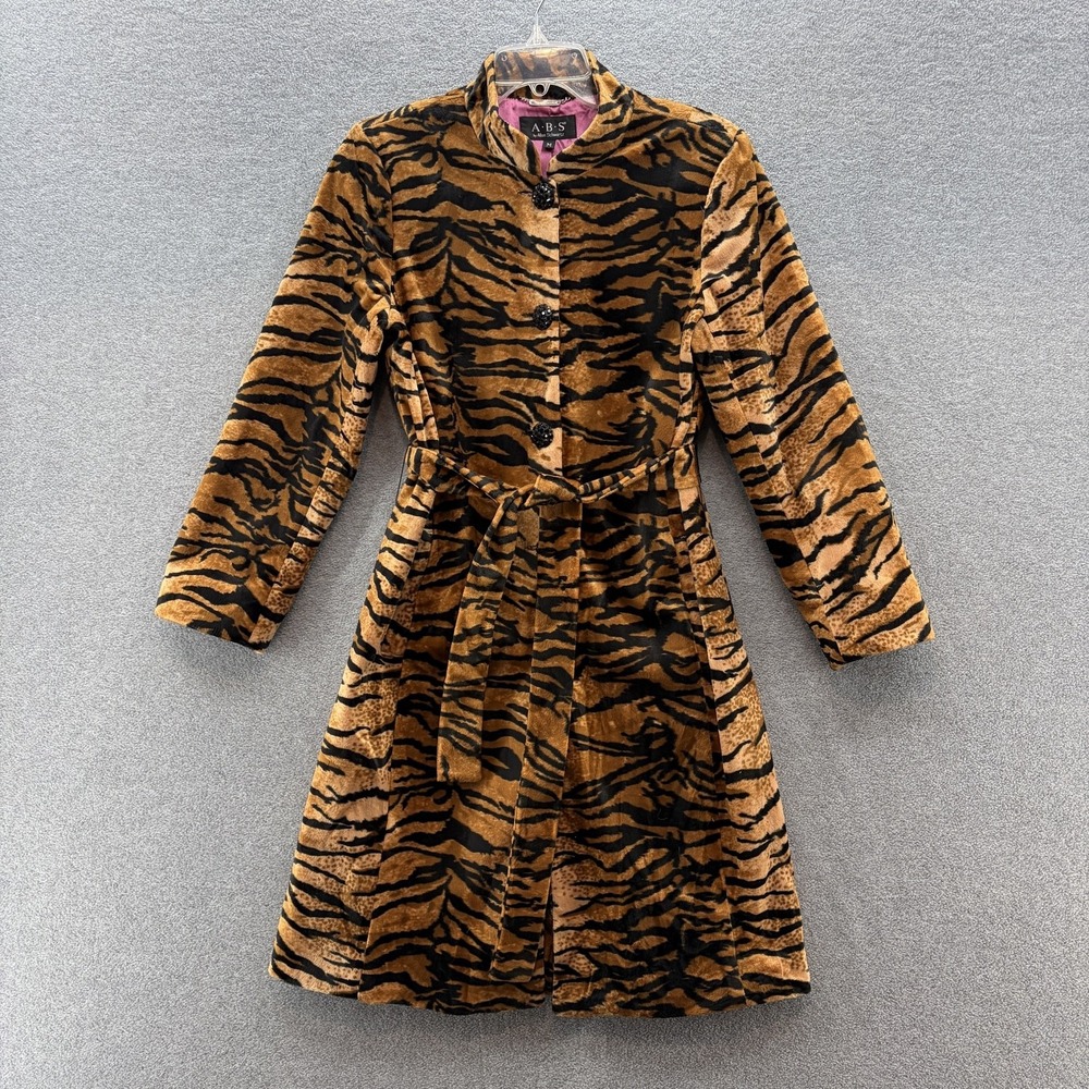 ABS Allen Schwartz Coat Womens Medium Brown Tiger Rock Roll Boho Duster Jacket